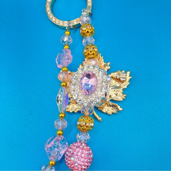 🍁Luxury Bag/Phone Chain Charm/Keychain Pink Rhinestone MAPLE LEAF Bling Beads